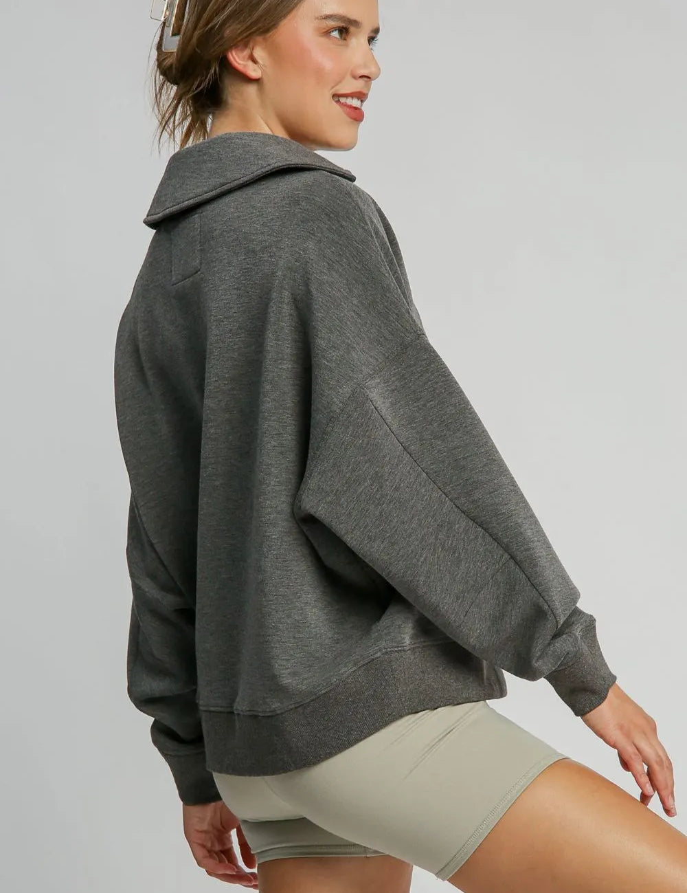 Umgee Johnny Collar Dropped Shoulder Sweatshirt | Daverri Fashions