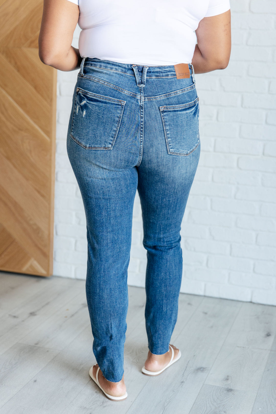 Judy Blue High Rise Control Top Distressed Hem Skinny Jeans Bottoms