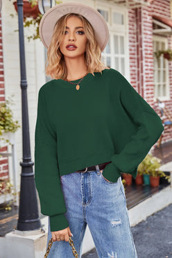 Dark green ribbed knit cropped round neck drop shoulder sweater