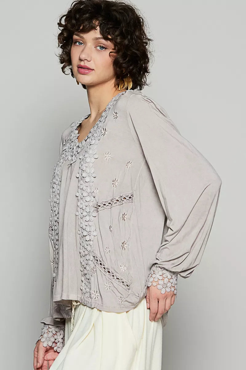Beige POL Floral Embroidery Woven Top with Lace Trim Jacket