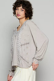 Beige POL Floral Embroidery Woven Top with Lace Trim Jacket
