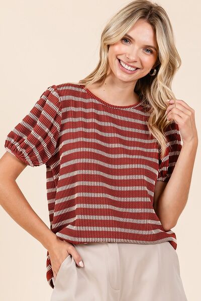 Mittoshop Contrast Striped Short Puff Sleeve Knit Top