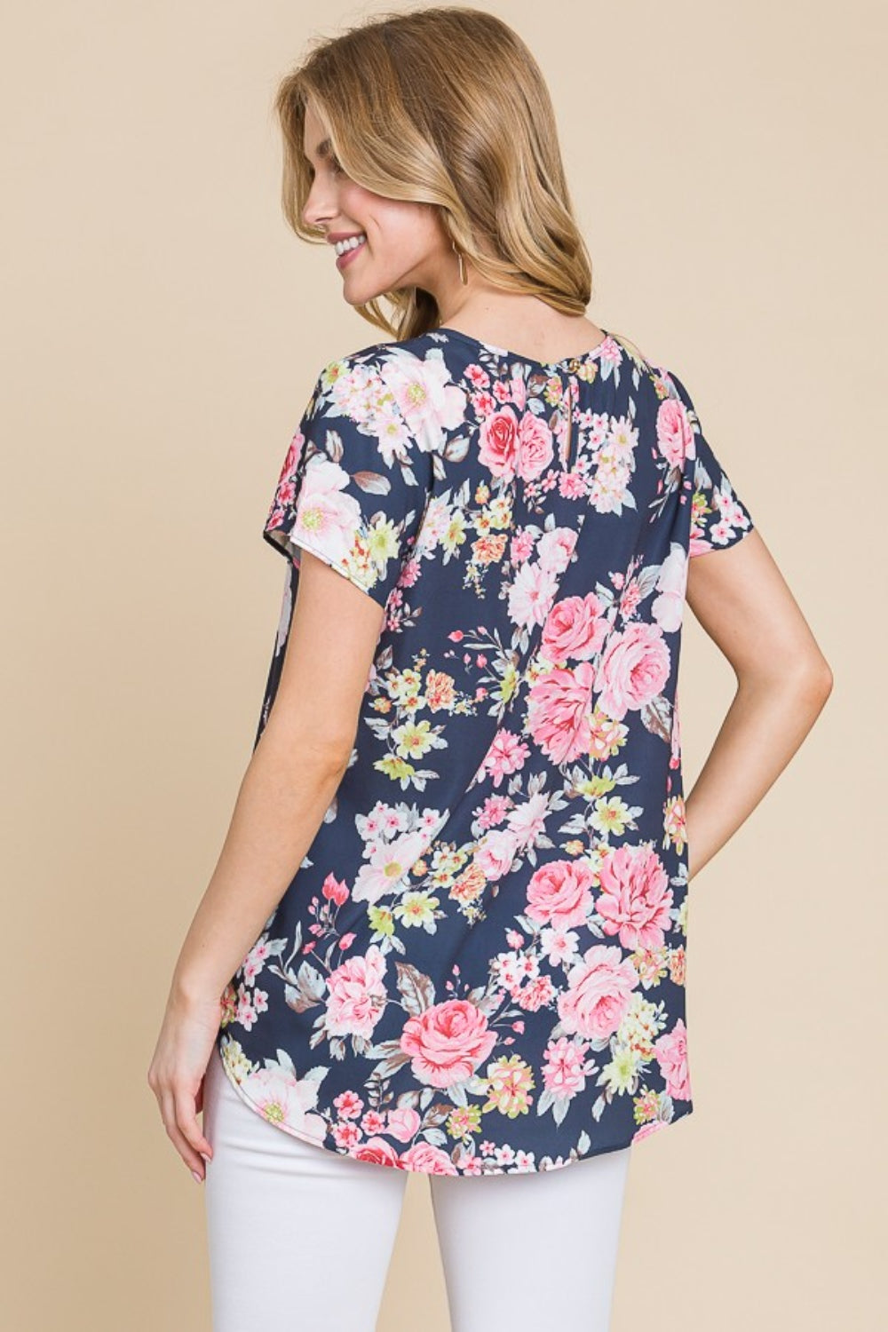 BOMBOM Floral Round Neck Short Sleeve T-Shirt | Daverri Fashions