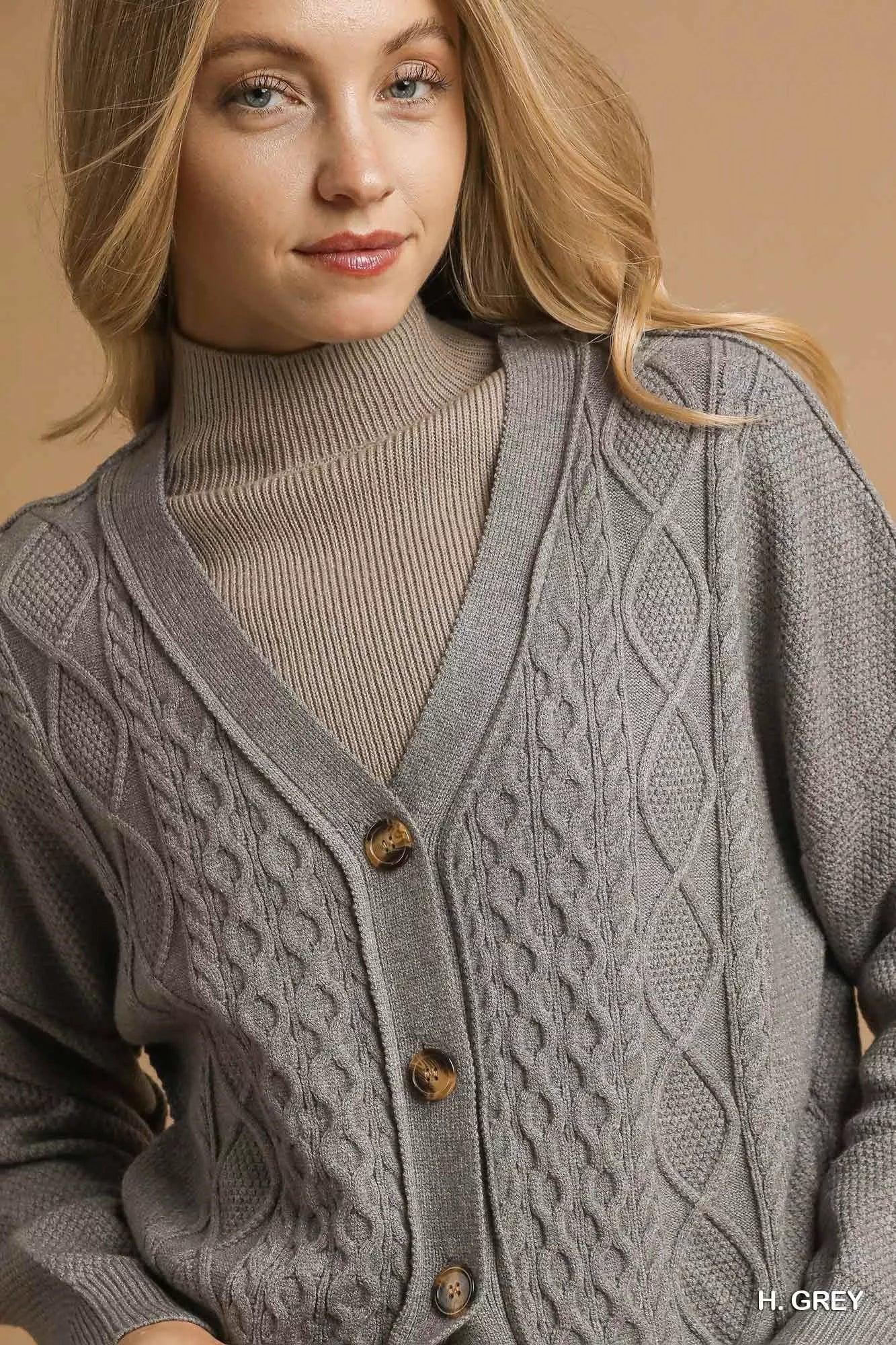 Umgee Chunky Cable Knit V-Neck Button-Up Cardigan H. Grey - DAVERRI FASHIONS