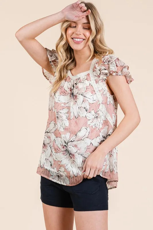 Lime 'N' Chili Floral Print Lace Trim Ruffle Cap Sleeve Top PINK