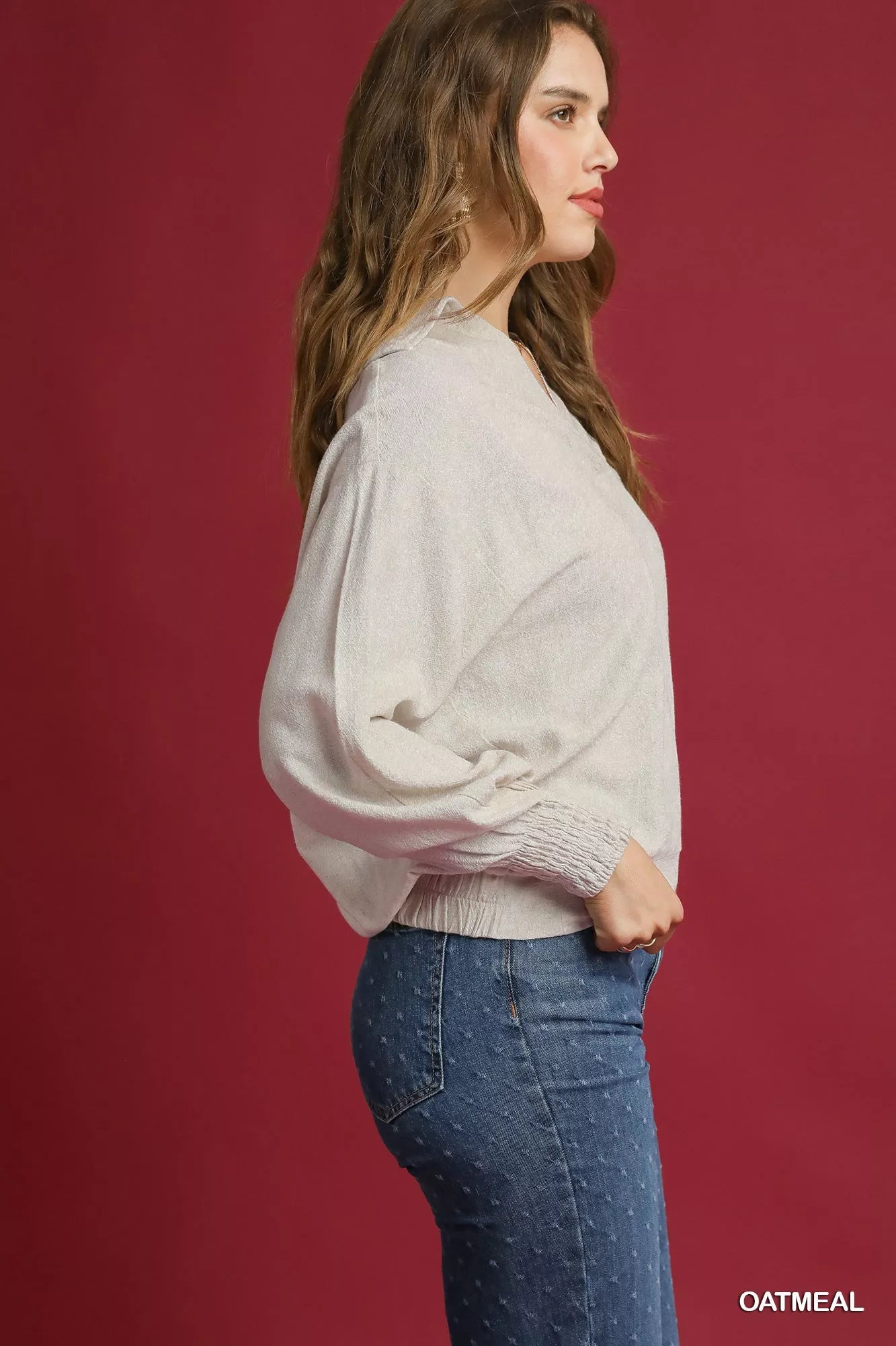 Umgee Linen Long Sleeves Elastic Hem Blouse | Blouses Daverri Fashions