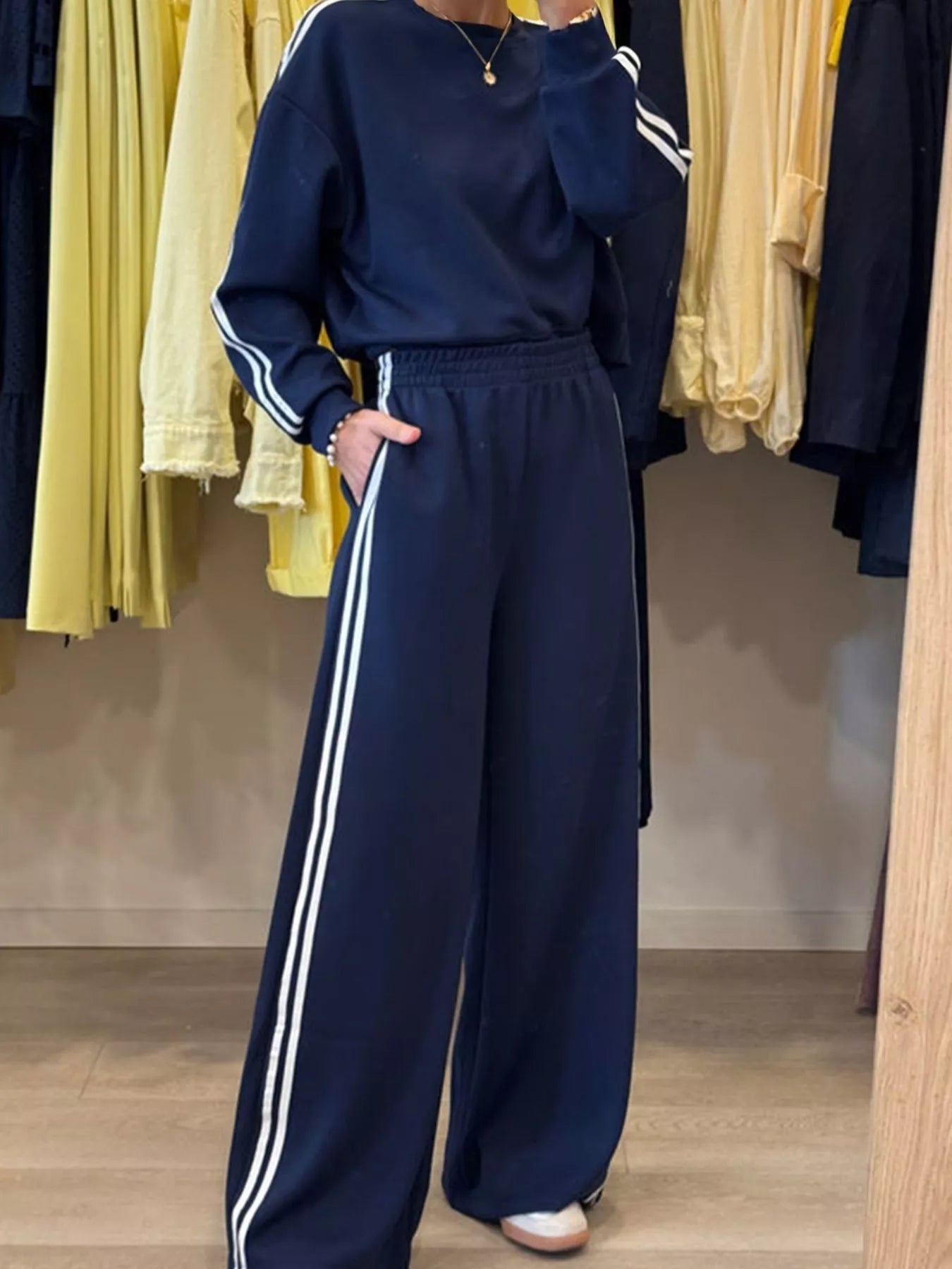 Navy blue striped crewneck tracksuit set with pockets