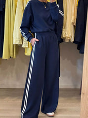 Navy blue striped crewneck tracksuit set with pockets