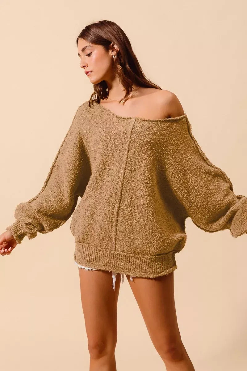 SO ME Loose Fit Exposed Seam Slouchy Boucle Sweater Taupe - DAVERRI FASHIONS