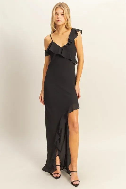 HYFVE Chiffon Ruffle Trim Midi Dress - DAVERRI FASHIONS