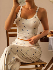 Apricot Floral Ribbed Cami and Wide Leg Pants Set | Loungewear Sets Daverri Fashions