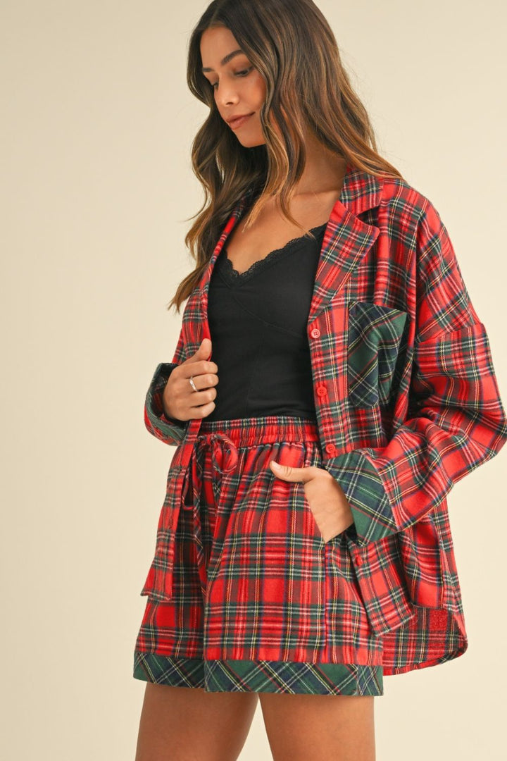 Annie Wear Contrast Plaid Long Sleeve Top and Shorts Set Short Sets