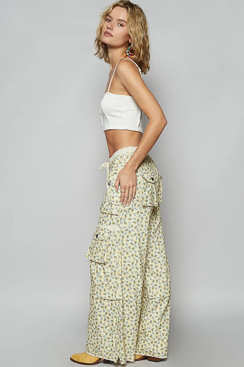 POL Floral Cargo Wide Leg Pants with Lace Drawstring Pants