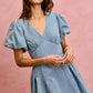 SO ME bubble sleeves light blue denim fit and flare mini dress