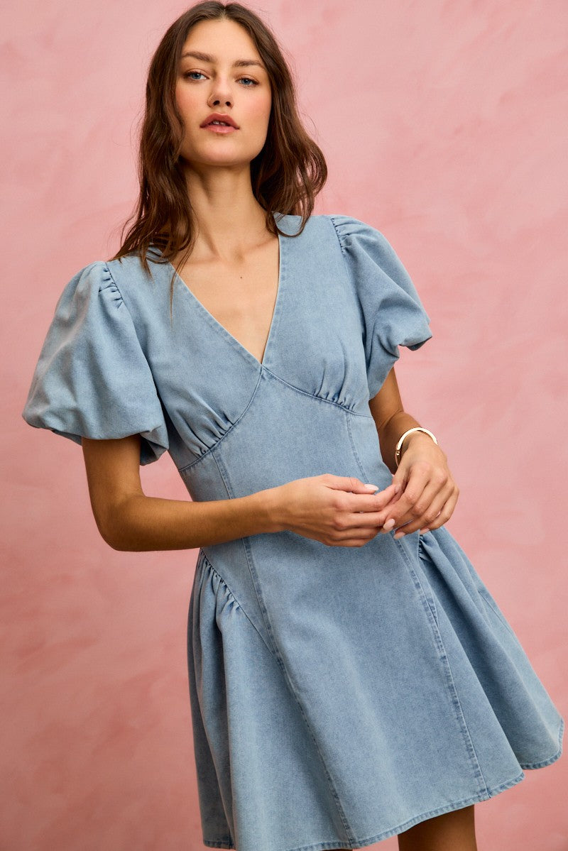 SO ME bubble sleeves light blue denim fit and flare mini dress