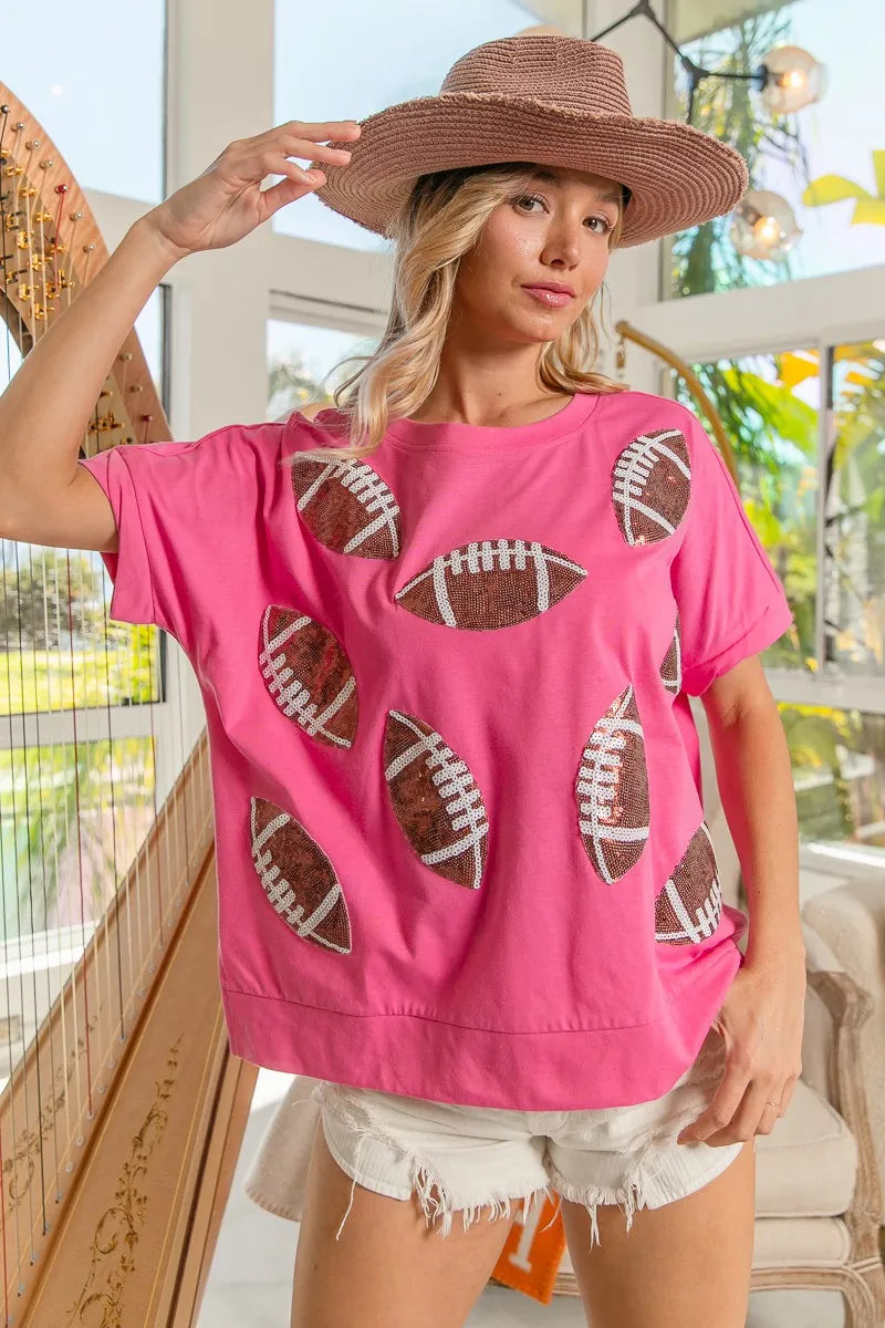 BiBi Game Day Sequins Patched Half Sleeves Top | Tops Daverri Fashions