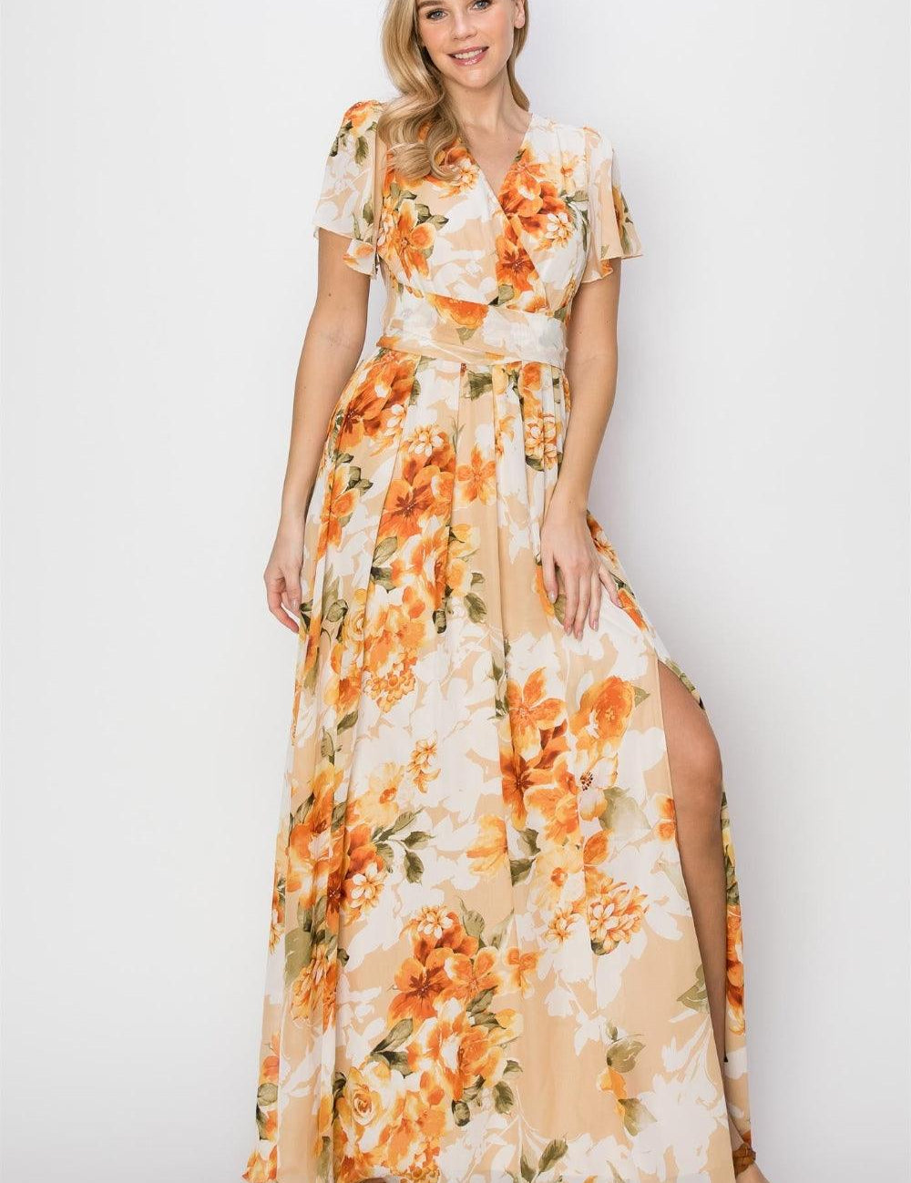 HYFVE Floral Tie Back Short Sleeve Slit Maxi Dress ORANGE S Maxi Dresses