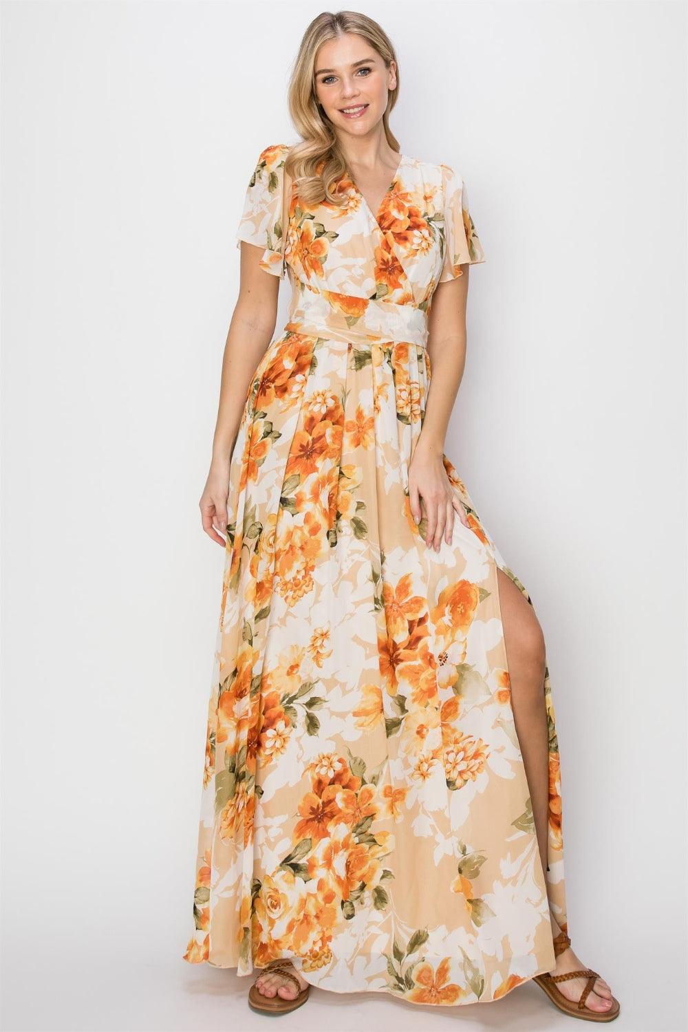 HYFVE Floral Tie Back Short Sleeve Slit Maxi Dress ORANGE S Maxi Dresses