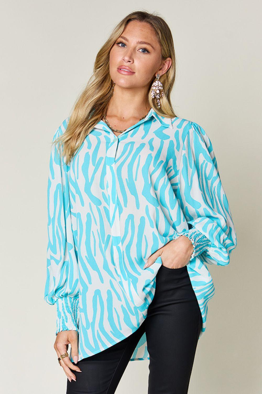 Double Take Full Size Printed Smocked Long Sleeve Blouse Tiffany Blue Shirts & Tops