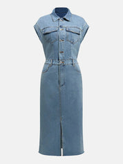 Slit Half Button Collared Neck Cap Sleeve Denim Dress | Midi Dresses Daverri Fashions