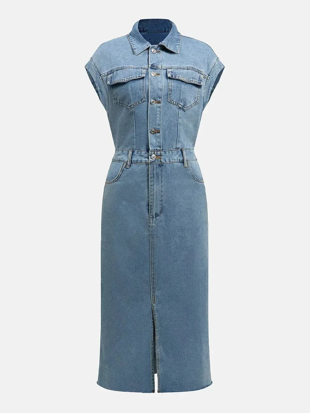 Slit Half Button Collared Neck Cap Sleeve Denim Dress - DAVERRI FASHIONS