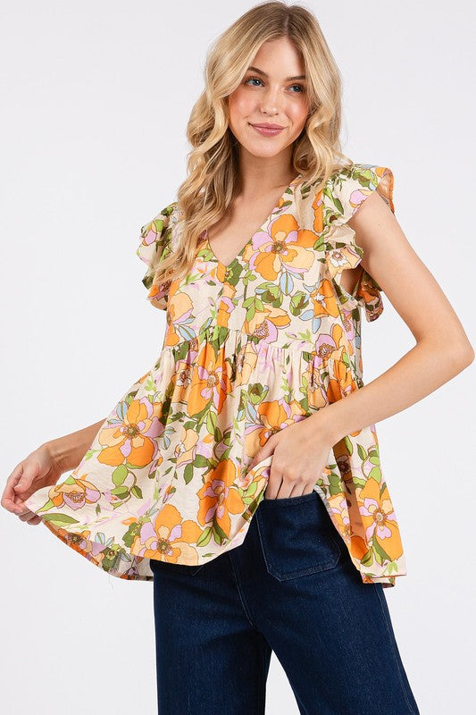 Mittoshop Floral V-Neck Ruffled Cap Sleeve Blouse