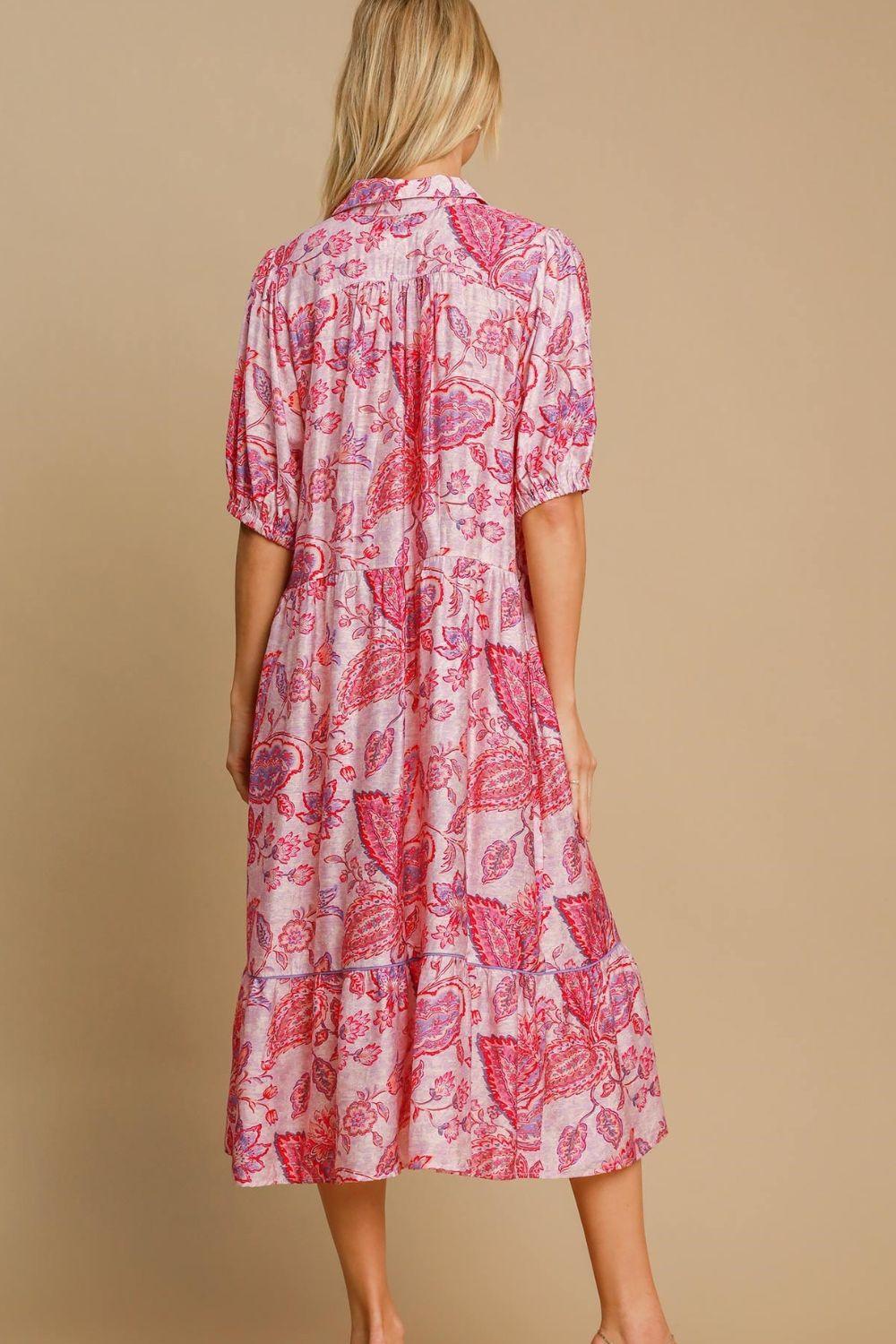 Umgee Full Size Ruffled Hem Floral Paisley Print Half Sleeve Midi Dress Plus Size