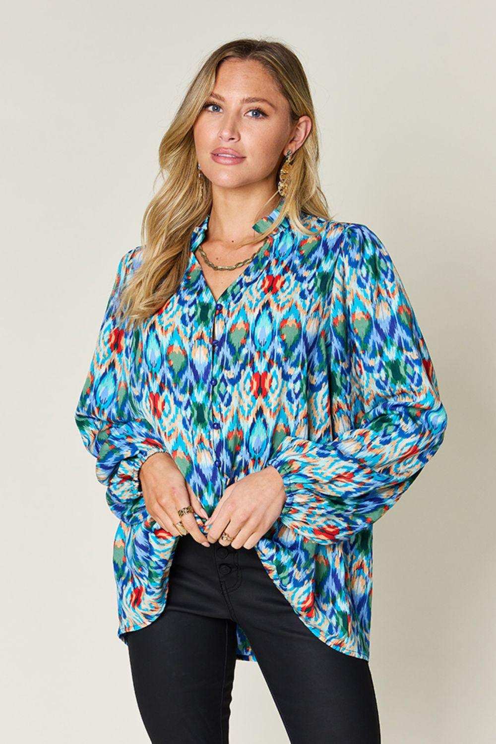 Double Take Full Size Printed Balloon Sleeve Blouse Sky Blue Shirts & Tops