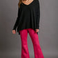 Umgee V-Neck High Low Hem Knit Top with Side Slit - DAVERRI FASHIONS