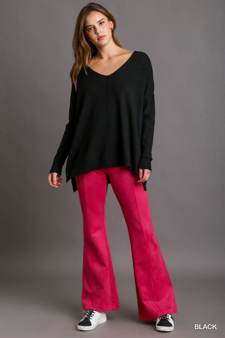 Umgee V-Neck High Low Hem Knit Top with Side Slit | Knit Tops Daverri Fashions