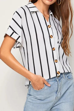 White and black striped short-sleeve button-up shirt with gold buttons