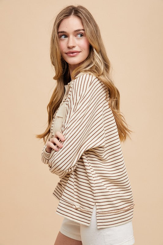 Annie Wear Striped Button Detail Long Sleeve Polo Top Tops