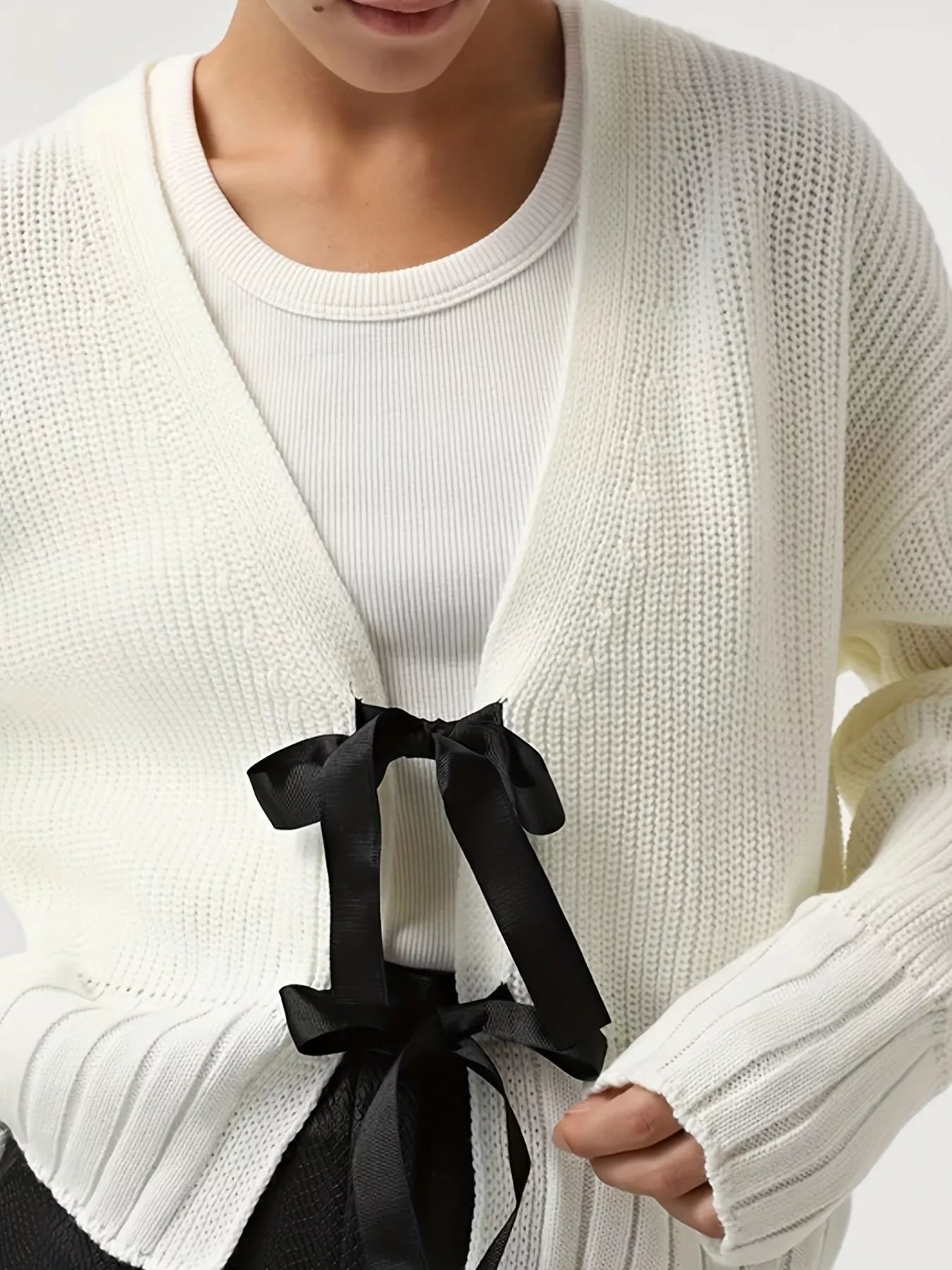 White Tie Front Knit Cardigan with black ribbon ties