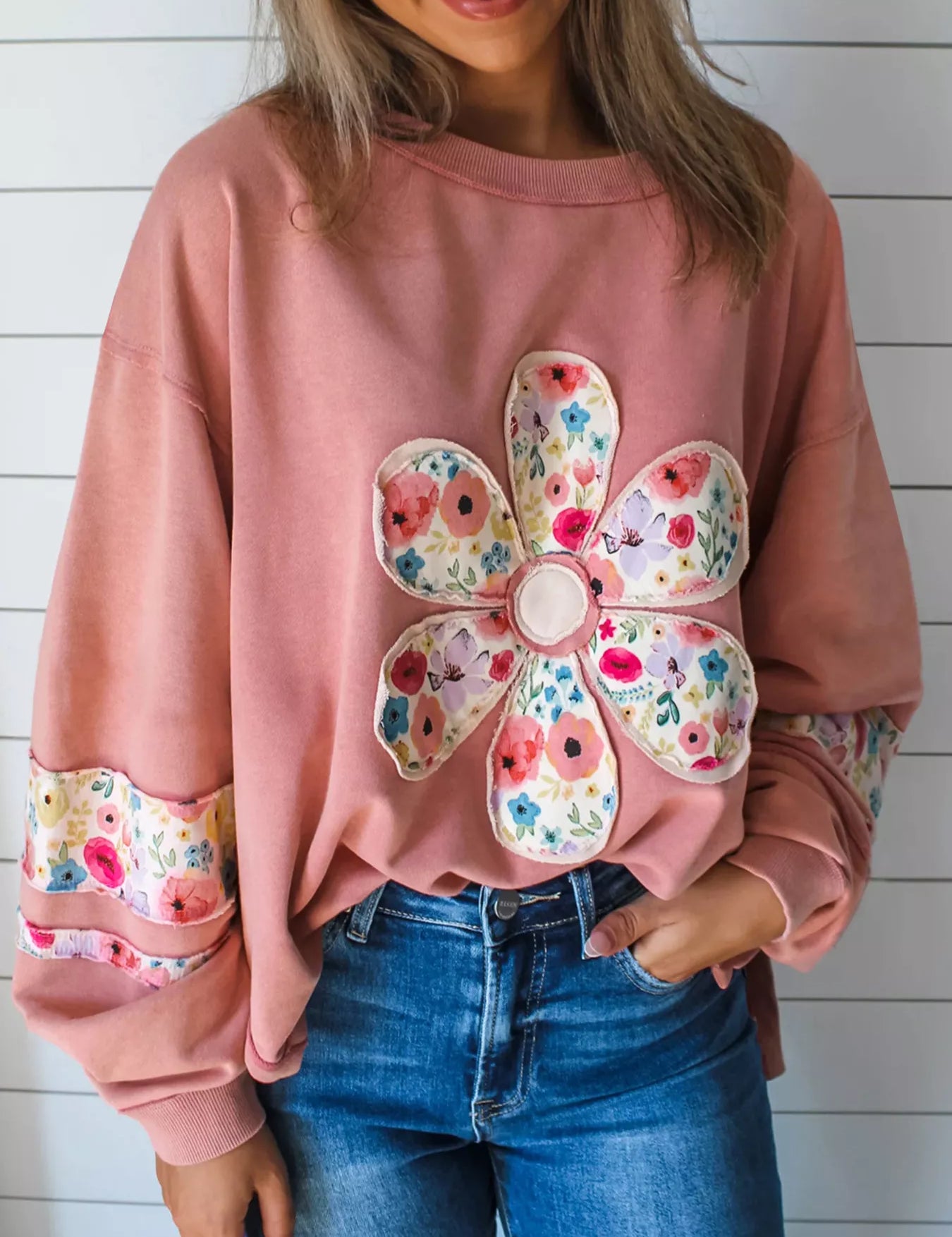 Dusty Pink Oversized Floral Applique Drop Shoulder Sweatshirt | Sweatshirts Daverri Fashions