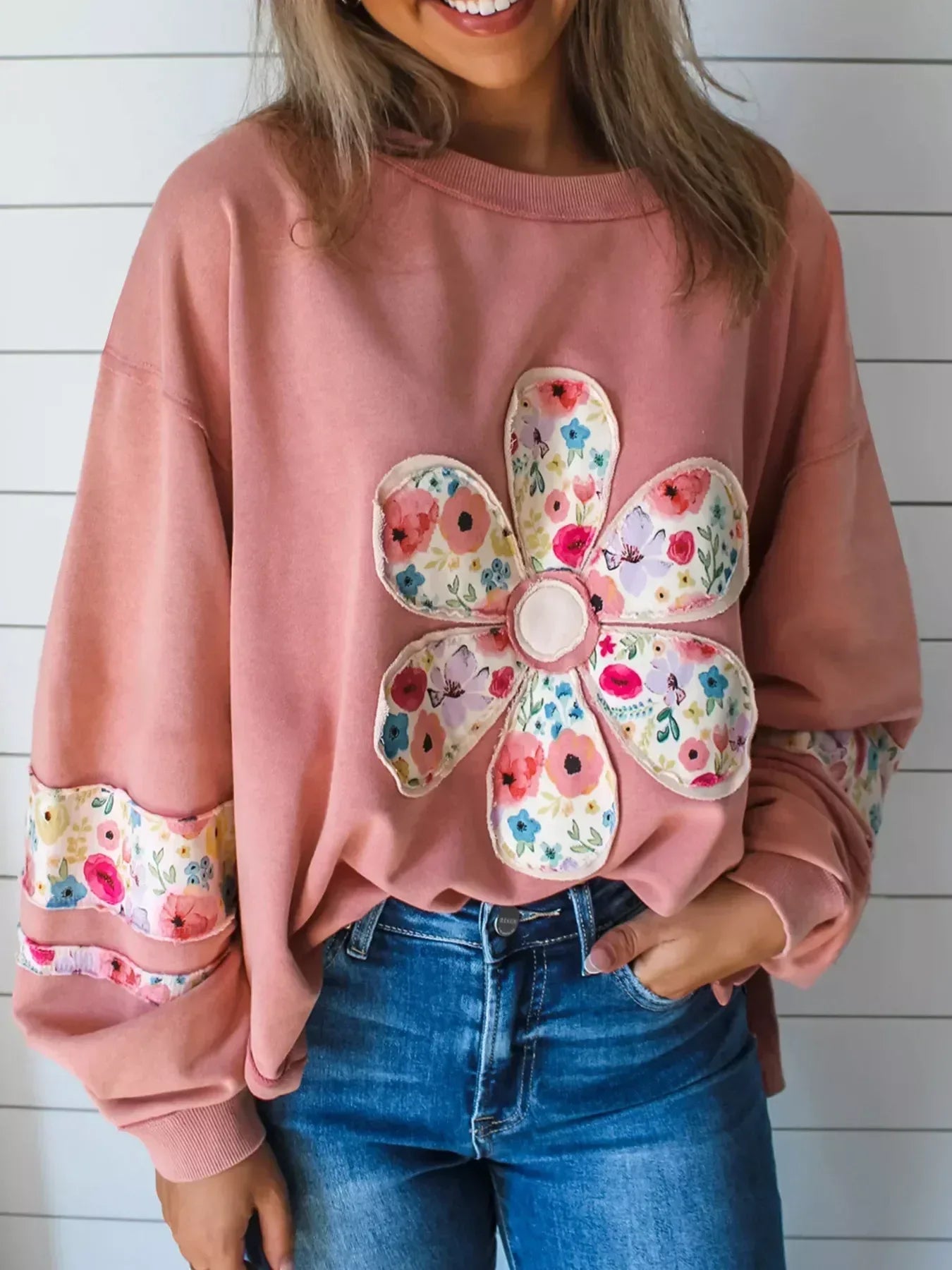 Oversized Floral Applique Drop Shoulder Sweatshirt - DAVERRI FASHIONS