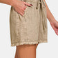Zenana Washed Linen Frayed Hem Drawstring Shorts Shorts