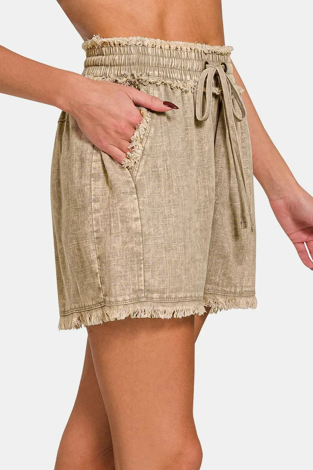 Zenana Washed Linen Frayed Hem Drawstring Shorts - DAVERRI FASHIONS