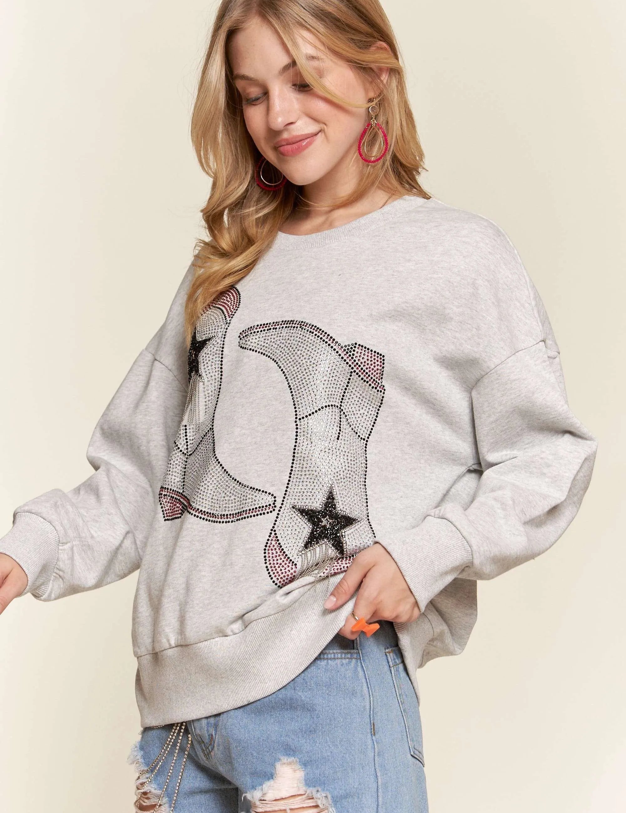 ADORA Rhinestone Accent Casual Sweatshirt | Sweatshirts Daverri Fashions