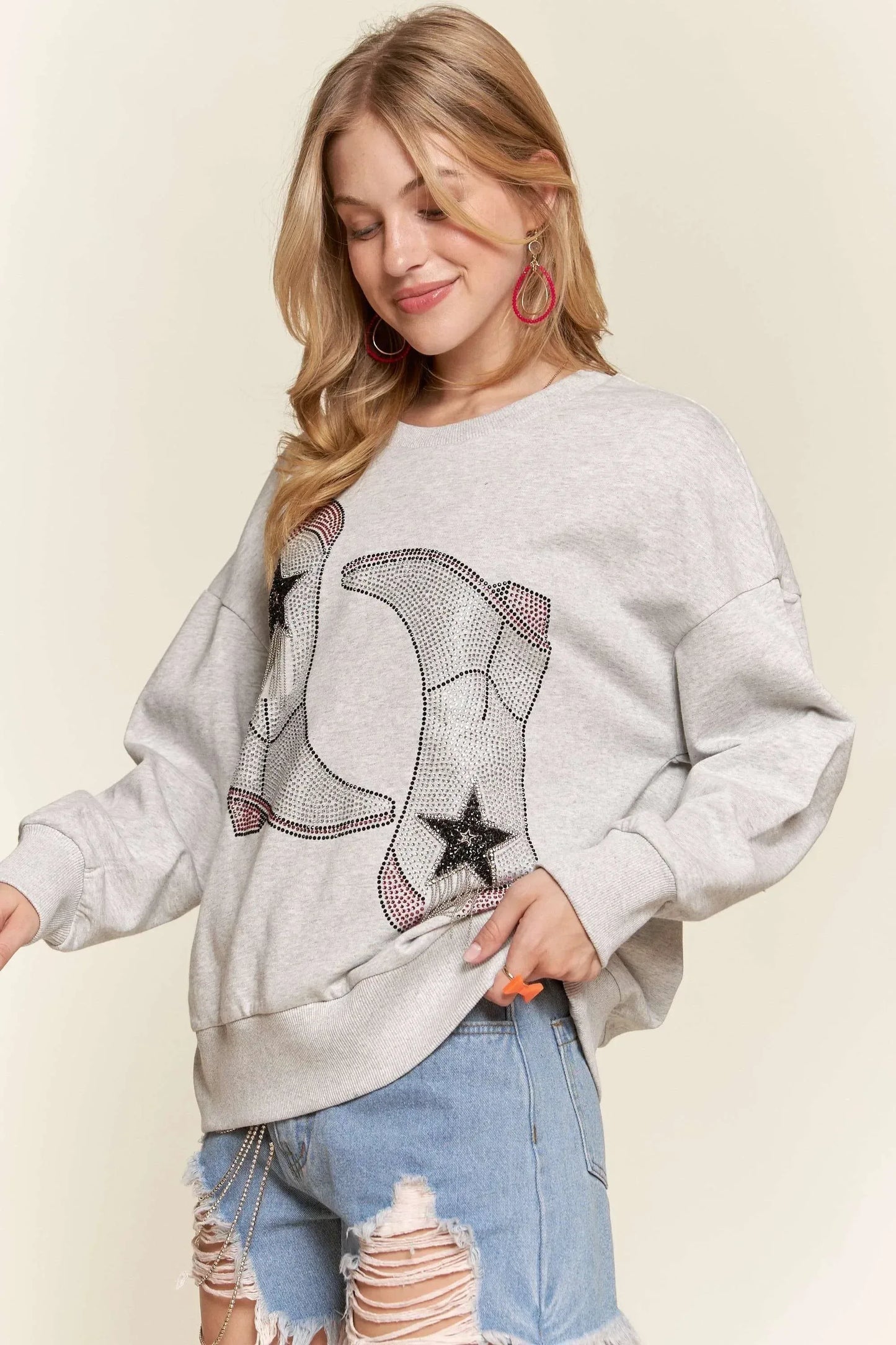ADORA Rhinestone Accent Casual Sweatshirt - DAVERRI FASHIONS