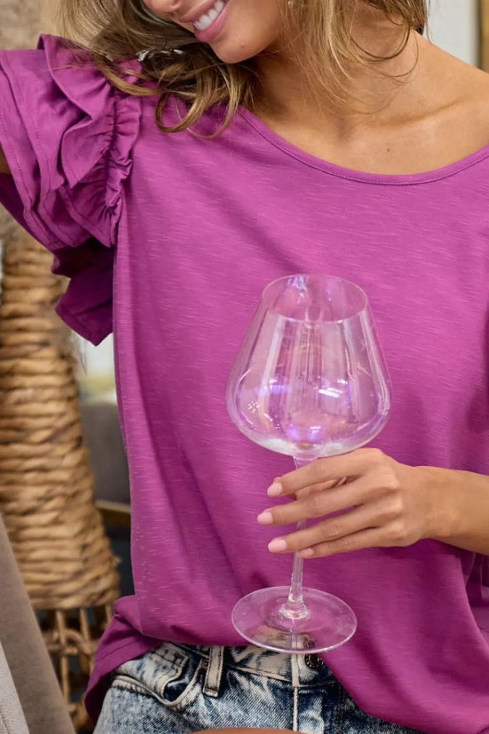 Elegant BiBi layered ruffle sleeve jersey top with clear wine glass