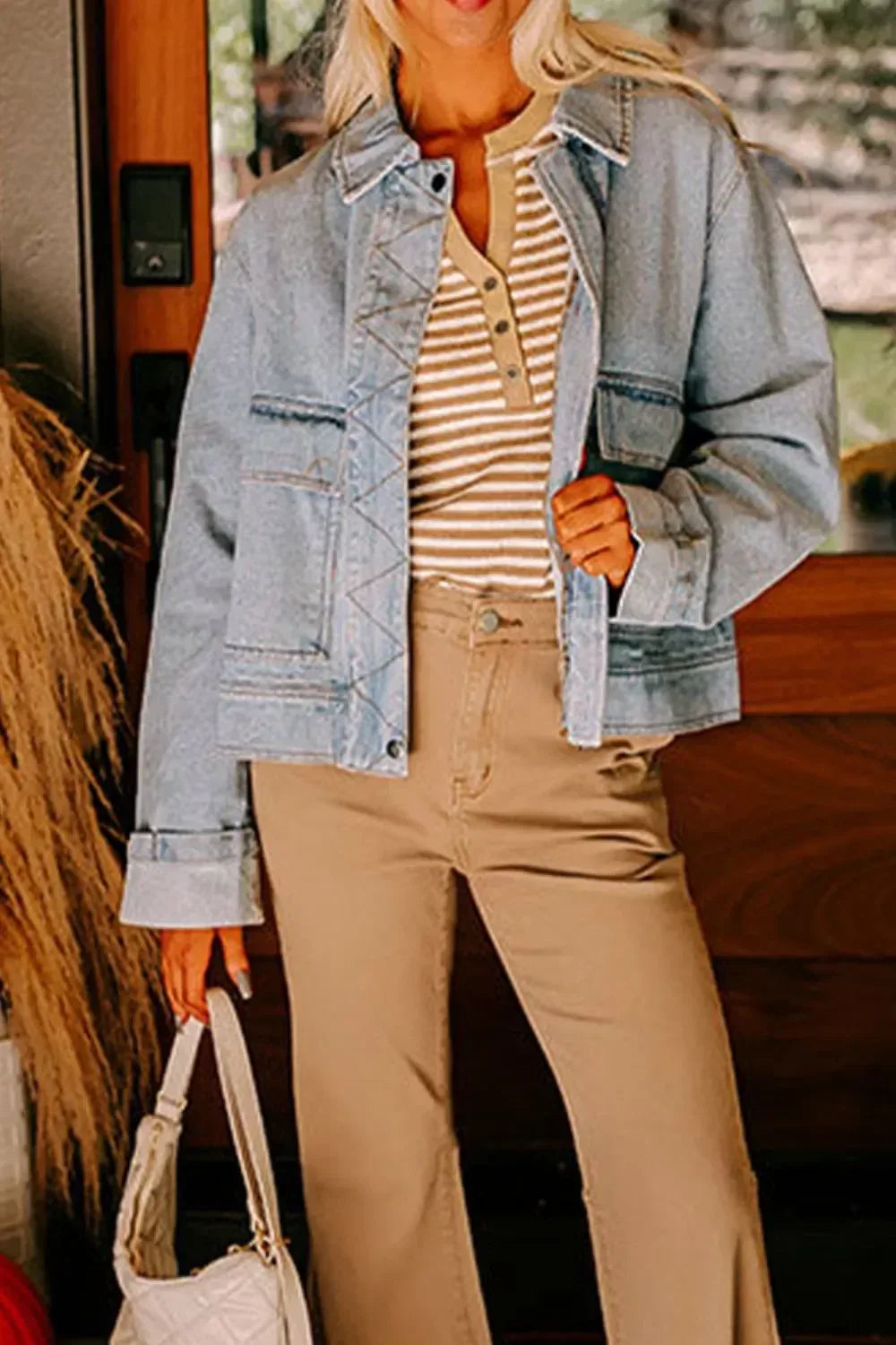 Zip Up Drop Shoulder Denim Jacket - DAVERRI FASHIONS