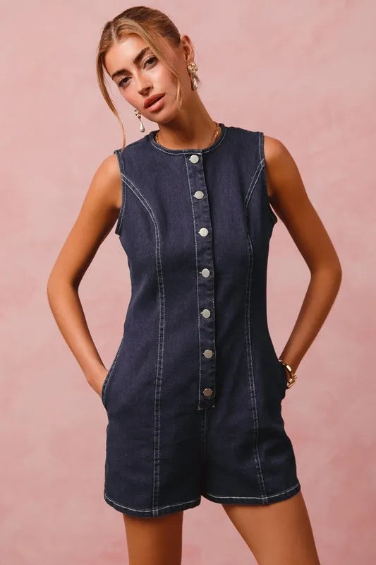 SO ME Button Up Front Washed Denim Sleeveless Romper Rompers