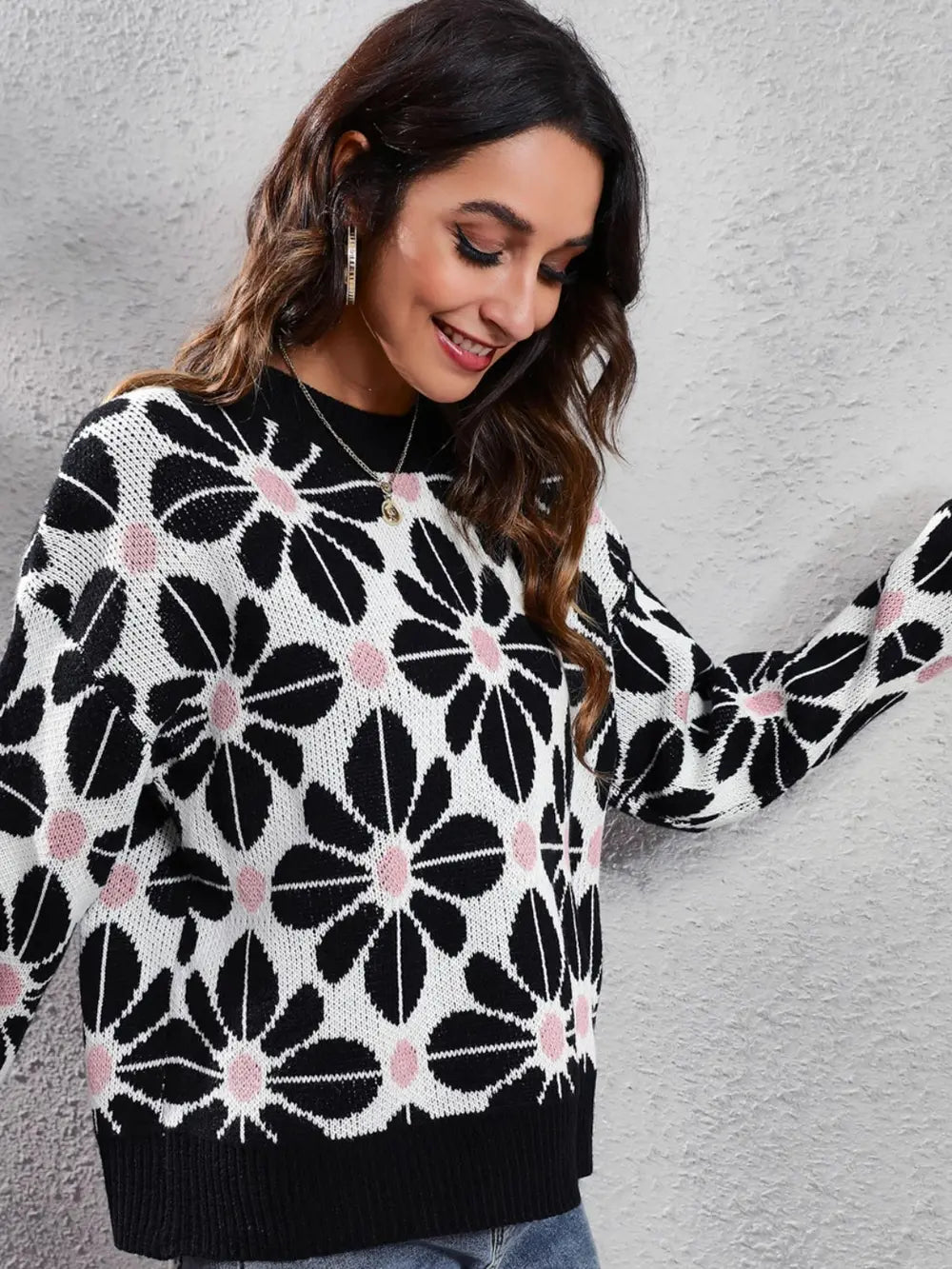 Floral Round Neck Long Sleeve Sweater | Daverri Fashions