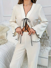 Contrast Trim Bow Tie Shirt and Pants Lounge Set | Loungewear Sets Daverri Fashions