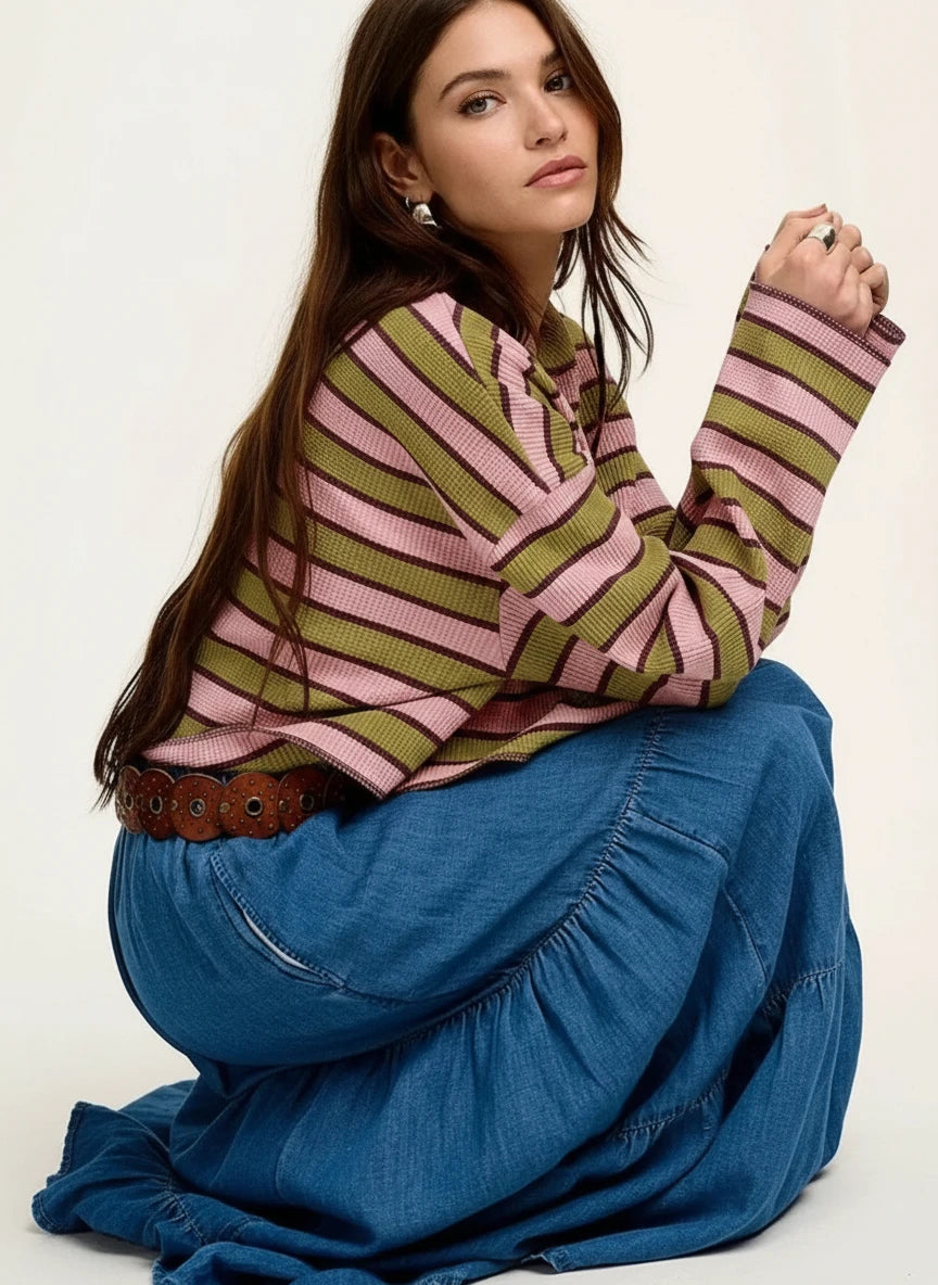 Daverri Fashions striped waffle texture long sleeve top in olive green, pink, purple hues