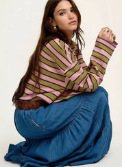 Daverri Fashions striped waffle texture long sleeve top in olive green, pink, purple hues