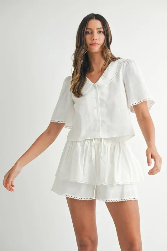 MABLE Collared Button Down Crop Top and Skort Set Outfit Sets
