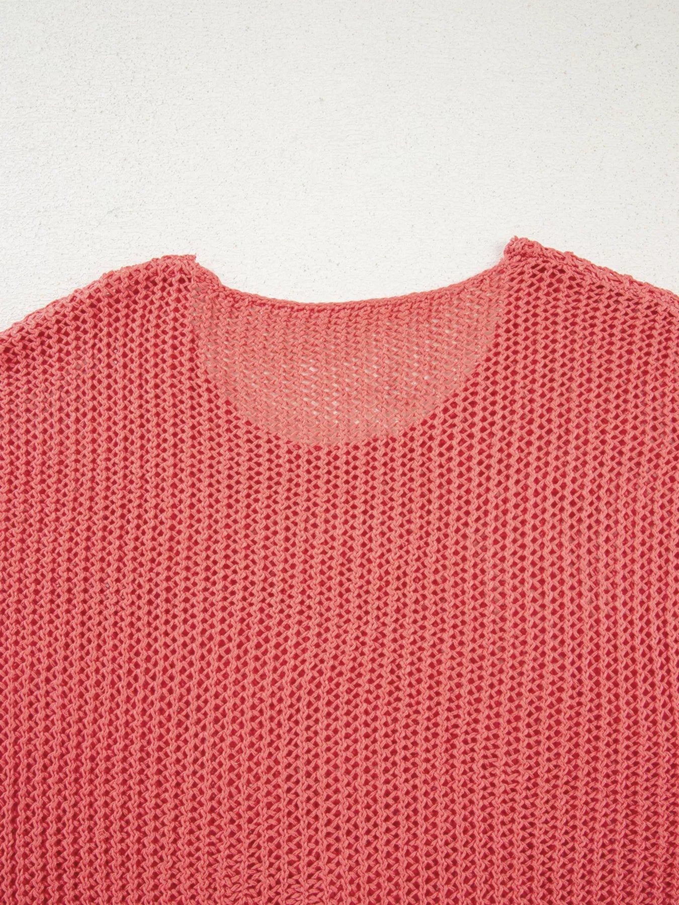 Coral crochet hollow-out long sleeve knit top with rounded neckline