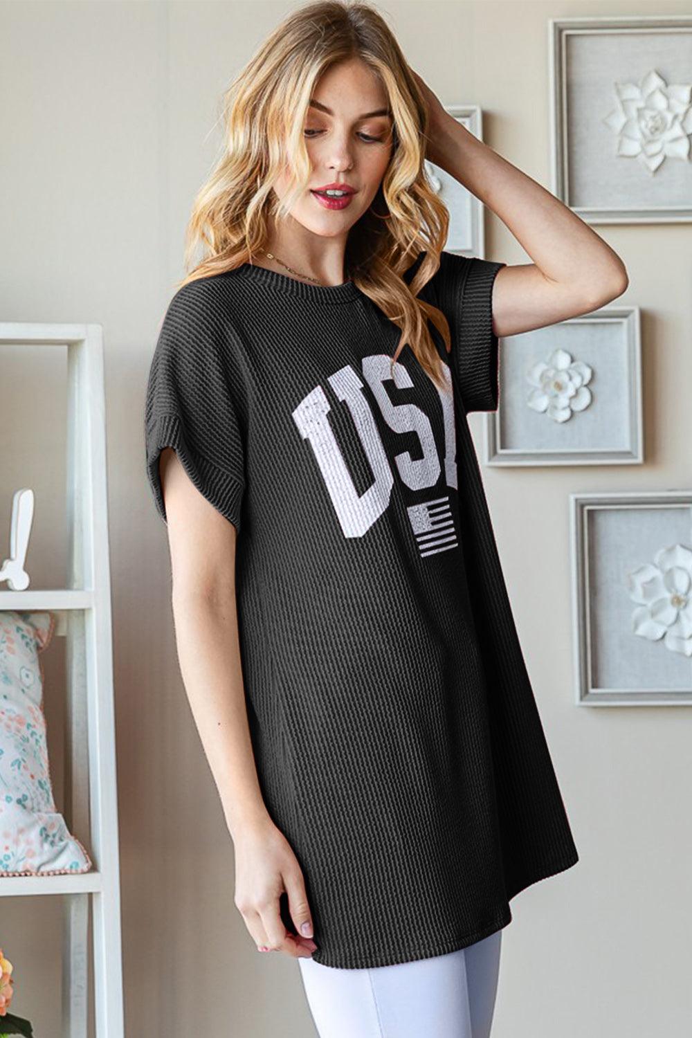 Heimish Full Size USA Graphic Short Sleeve Ribbed Top | Tops Daverri Fashions