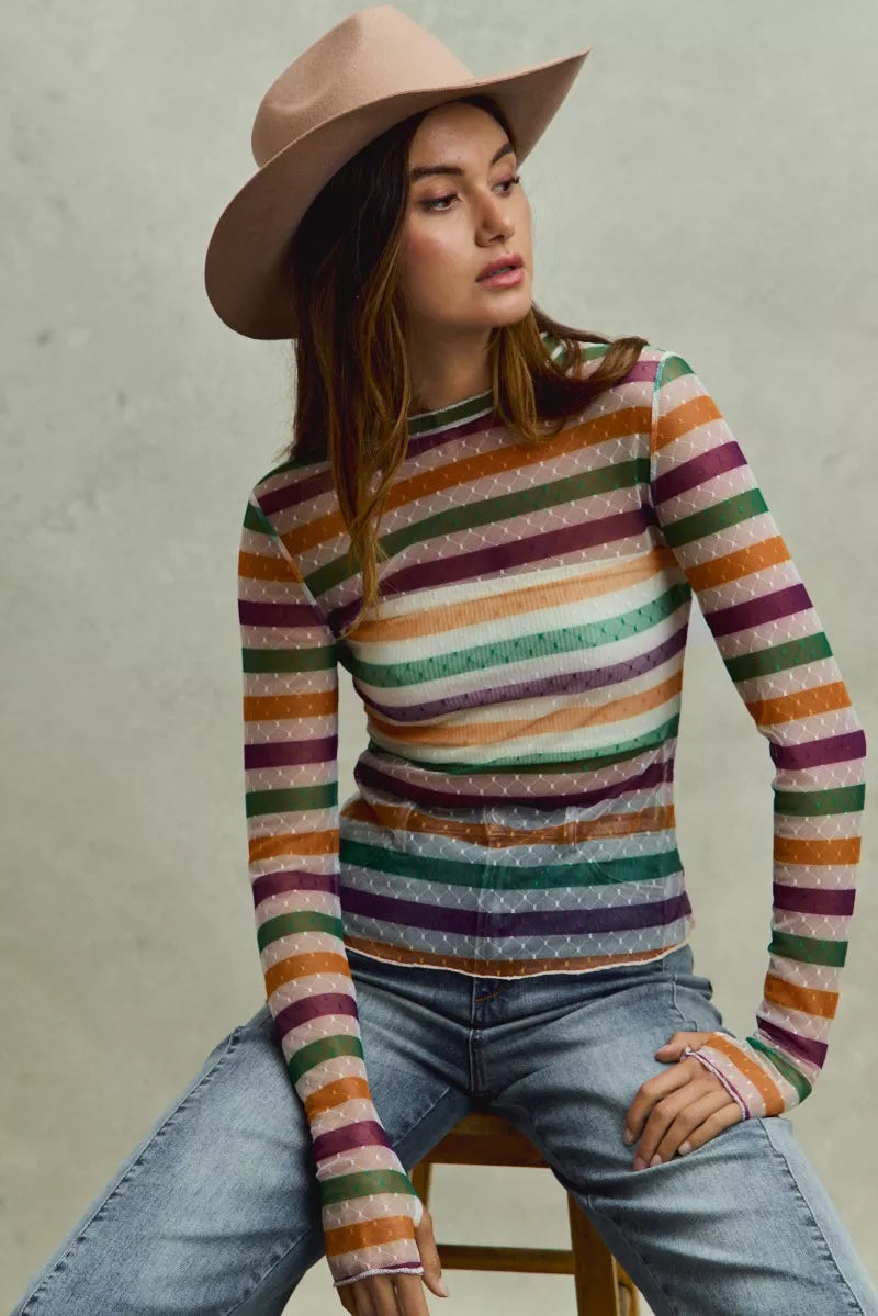 SO ME Mardi Gras Color Stripe Stretch Mesh Top in vibrant stripes